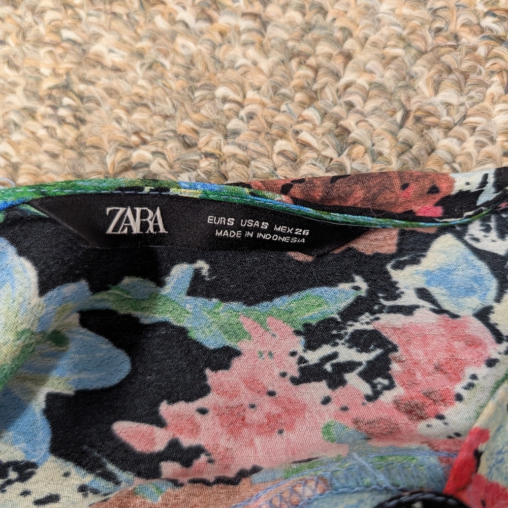 ZARA Floral Midi Dress Watercolor Small 3/4 Sleeve Bow Back Halter High Neck - Picture 5 of 5